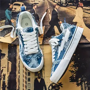 DAWSRi Men's Distressed Denim Canvas Sneakers with Cushioned Sole - Vintage Street Style, Geometric Pattern, All-Season Comfort, Lace-Up Low Tops, Everyday Sneakers | Vintage Denim Look | Durable Pu Insole