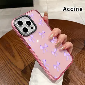 Phone case for iPhone 16 Pro Max 15 Plus 14 13 12 11 Cute Purple Bow Non-Yellowing Silicone Transparent Drop Protective Cover