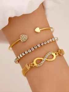 3pcs/set Women's Minimalist Elegant Rhinestone Decorated Heart Design Bangle, Fashion Accessories for Party, All-match Fashion Accessories for Daily Wear, Rhinestone Bangle Bracelet