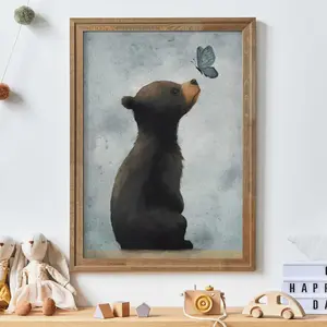 Vintage Bear Cub Nursery Print: Brown Bear & Butterfly, Unframed | 5 Size, 8x12 to 27x40 inch