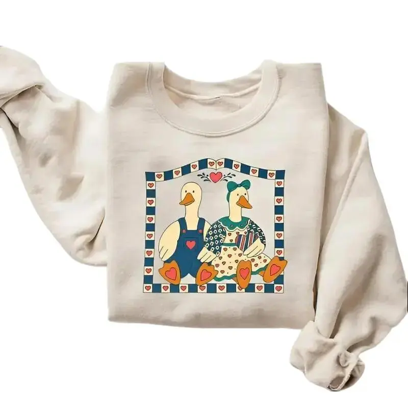 Women's Casual Printed Round Neck Cotton Tops - 90s Retro Goose-Duck Animal Pullover, Short Sleeve Tshirt, Cozy Cottagore Country Farmhouse Couple Sweatshirt