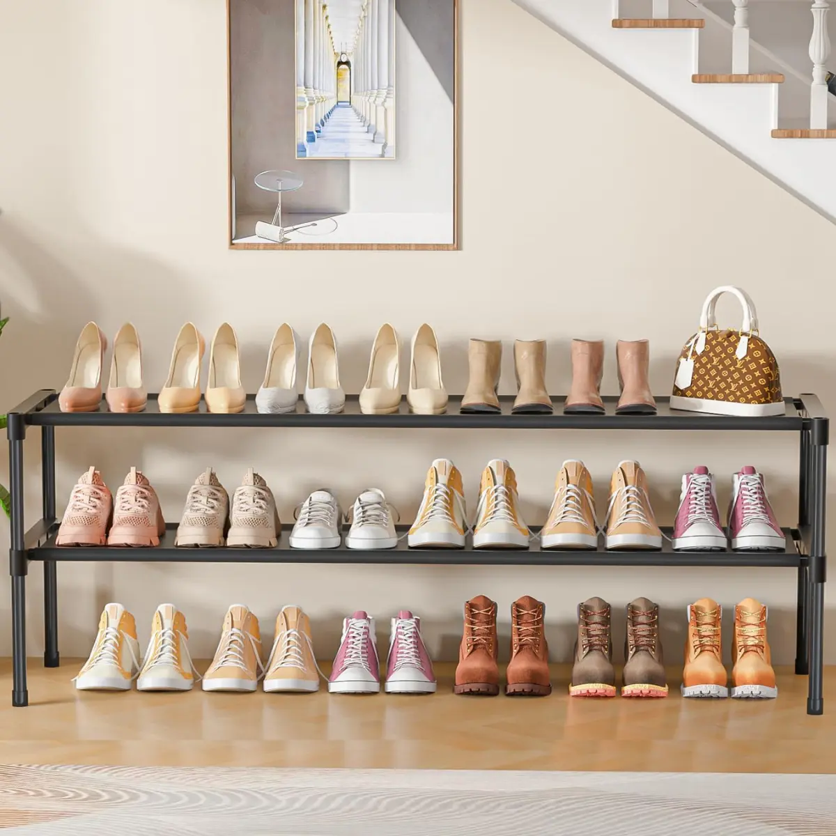 Extra Long 2 Tier Shoe Rack Wide Stackable Shoe Storage Organizer Sturdy Shoe Shelf for Closet Entryway