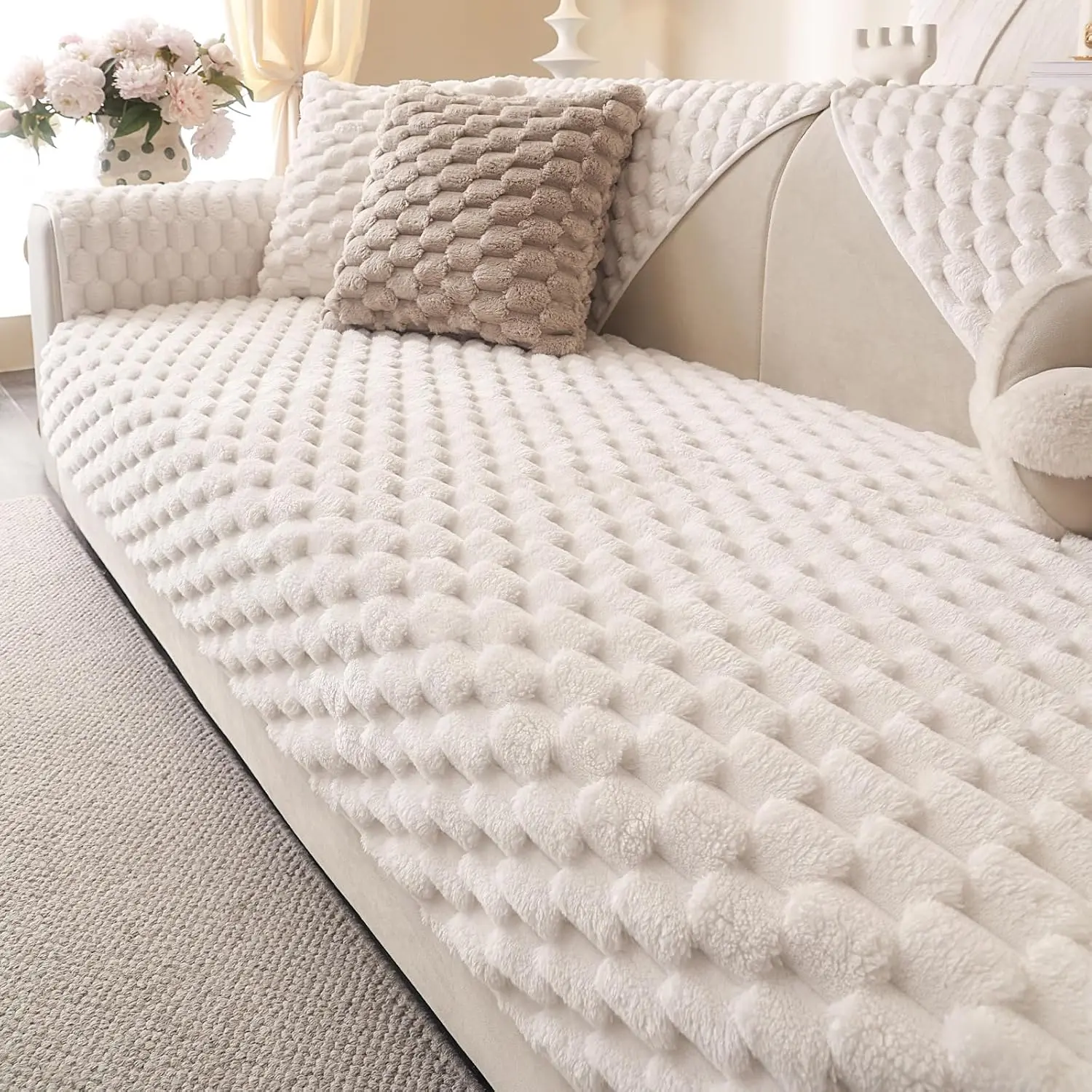 Soft Plush Faux  Couch Cover, Fluffy Non Slip Sectional Sofa Covers for 3 Cushion Couch, Furniture Protector Sofa Slipcover( 27"x27" White)