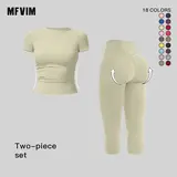 MFVIM Women's 2-Piece Yoga Set - Quick Drying Outfits, Small Crew Neck Slim-Fit Short-Sleeve Workout Top/T-Shirt, High-Waisted Butt-Lifting 7/8 Leggings, Soft Second-Skin Pilates Activewear Set, 2 Piece Sets