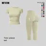 MFVIM Women's 2-Piece Yoga Set - Quick Drying Outfits, Small Crew Neck Slim-Fit Short-Sleeve Workout Top/T-Shirt, High-Waisted Butt-Lifting 7/8 Leggings, Soft Second-Skin Pilates Activewear Set, 2 Piece Sets