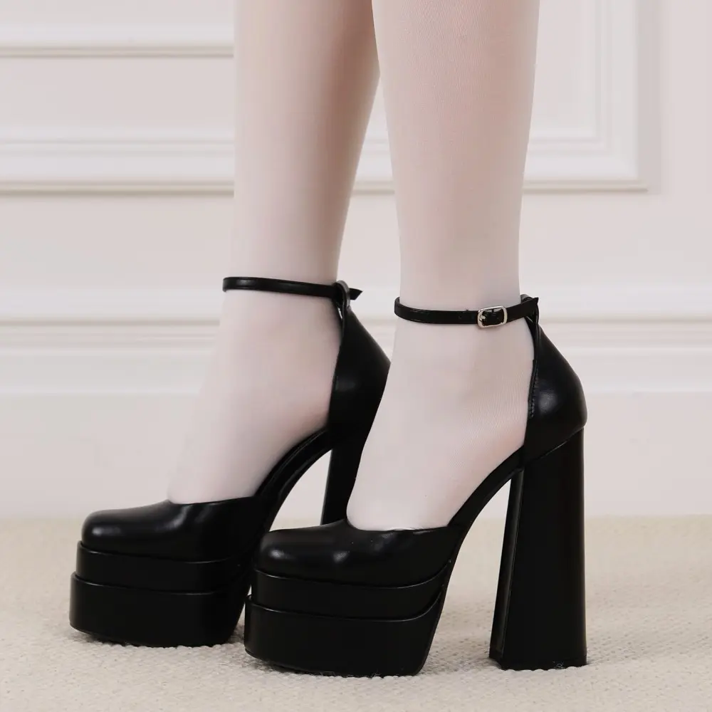 AOSPHIRAYLIAN Women's Fashion Stylish Silk Satin Platform Pumps - Chunky Block, Square Toe, Ankle Strap Buckle, Black Heels, for Casual & Party Occasions, Women's Shoe