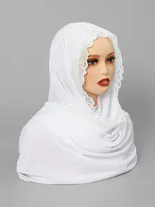 Women's Chiffon Hijab Scarf, Lace Edge Design, Breathable Beachwear Long Shawl, Muslim Fashion Daily Turban, Elegant Solid Color Headscarf
