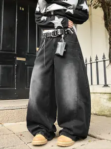 Men's Denim Jeans with Curved Knife Patchwork, American Style Y2K Streetwear Rock Casual Stacked Wide Leg Pants, All-Seasons