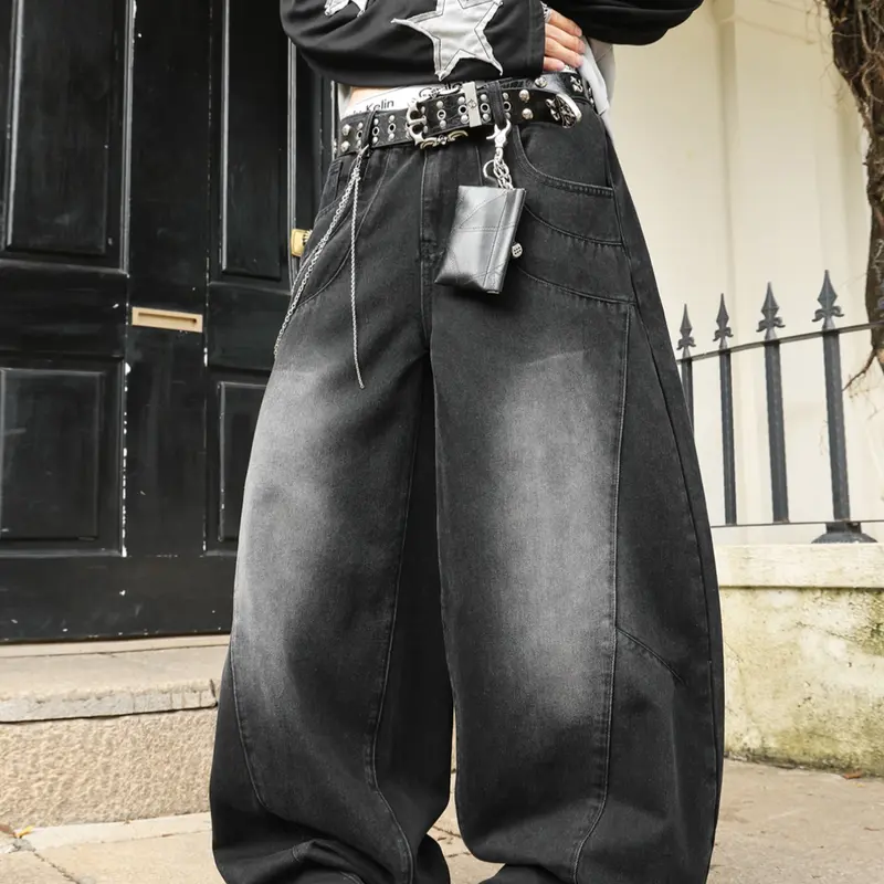 Men's Jeans with Curved Knife Patchwork, Skater Jeans American Style Y2K Streetwear Rock Casual Classic Stacked Wide Leg Pants, All-Seasons