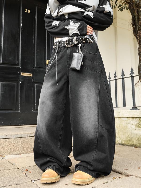 Men's Denim Jeans with Curved Knife Patchwork, American Style Y2K Streetwear Rock Casual Stacked Wide Leg Pants, All-Seasons