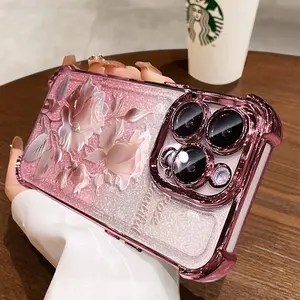Dusty Pink Rose Pattern Women's Phone Case for iPhone 11/12/13/14/15/16 Pro Max,14/15/16 Plus,X,&XS Max. Features a silver chrome alloy frame,  reinforced corner protection, and full-body drop-resistant design.