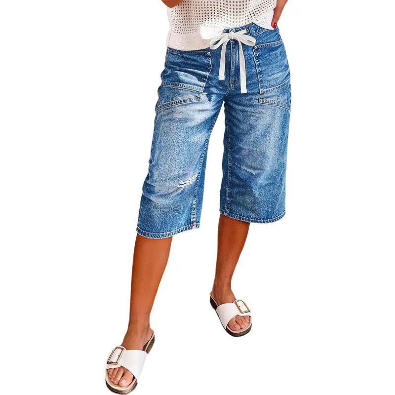 Flamingals Wash Ripped Drawstring Mid Rise Straight Leg Capri Jeans Womenswear Stretchy 16.1" Inseam