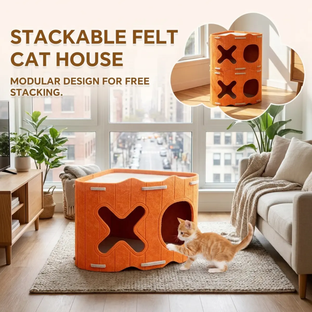 Stackable Felt Cat House – Modular Cat Cave Bed for Indoor Cats, Enclosed Kitten Hideaway with Cushion Top, Multi-Cat Cat Furniture for Living Room