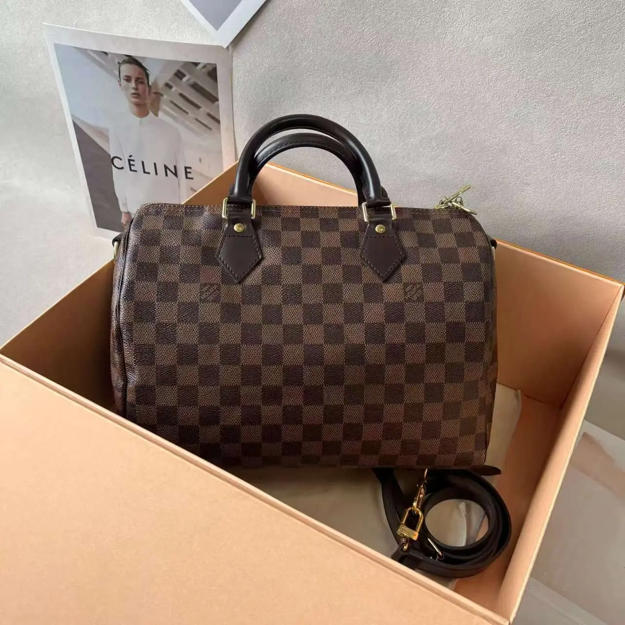 Pre-owned Louis Vuitton LV Speedy 30 Shoulder Bag Brown Checkered Coated Canvas, Cowhide, Crossbody Bag Style C8353133755, Shoulder Bags