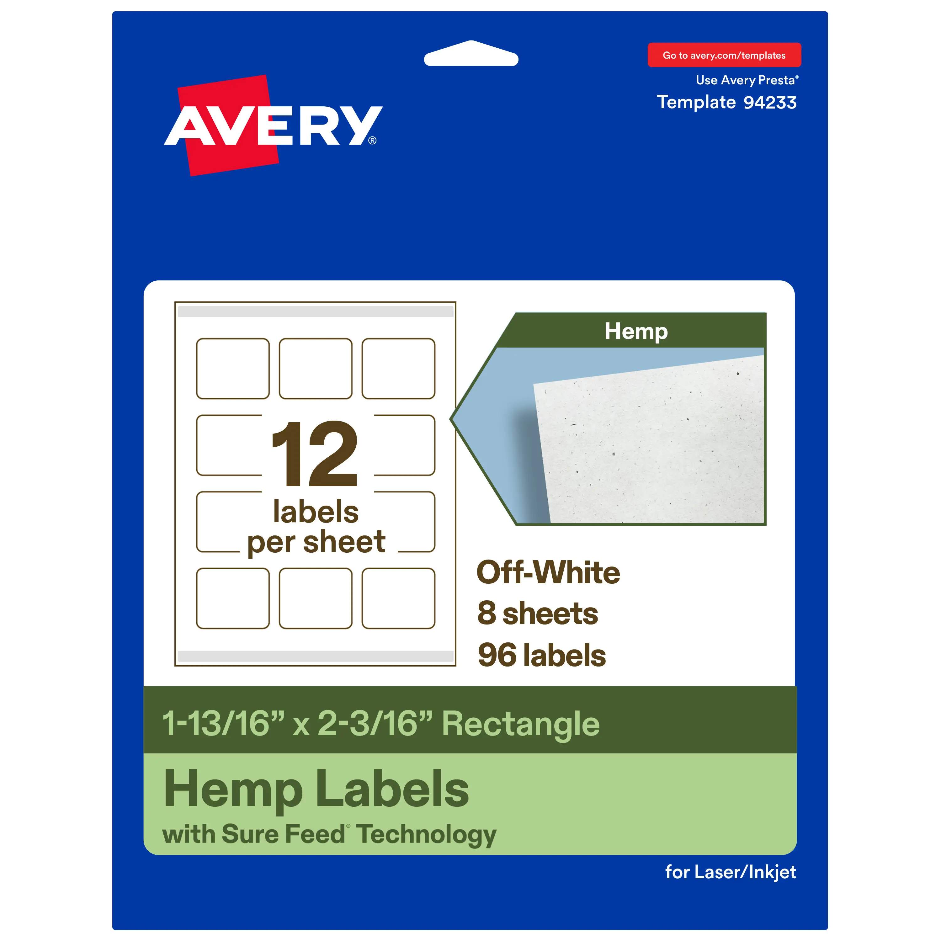 Avery Hemp Paper Adhesive Labels & Stickers, 1-13/16"x2-3/16" Rectangle, 75% Recycled Paper, Customizable, Easy Peeling, Jam Labels