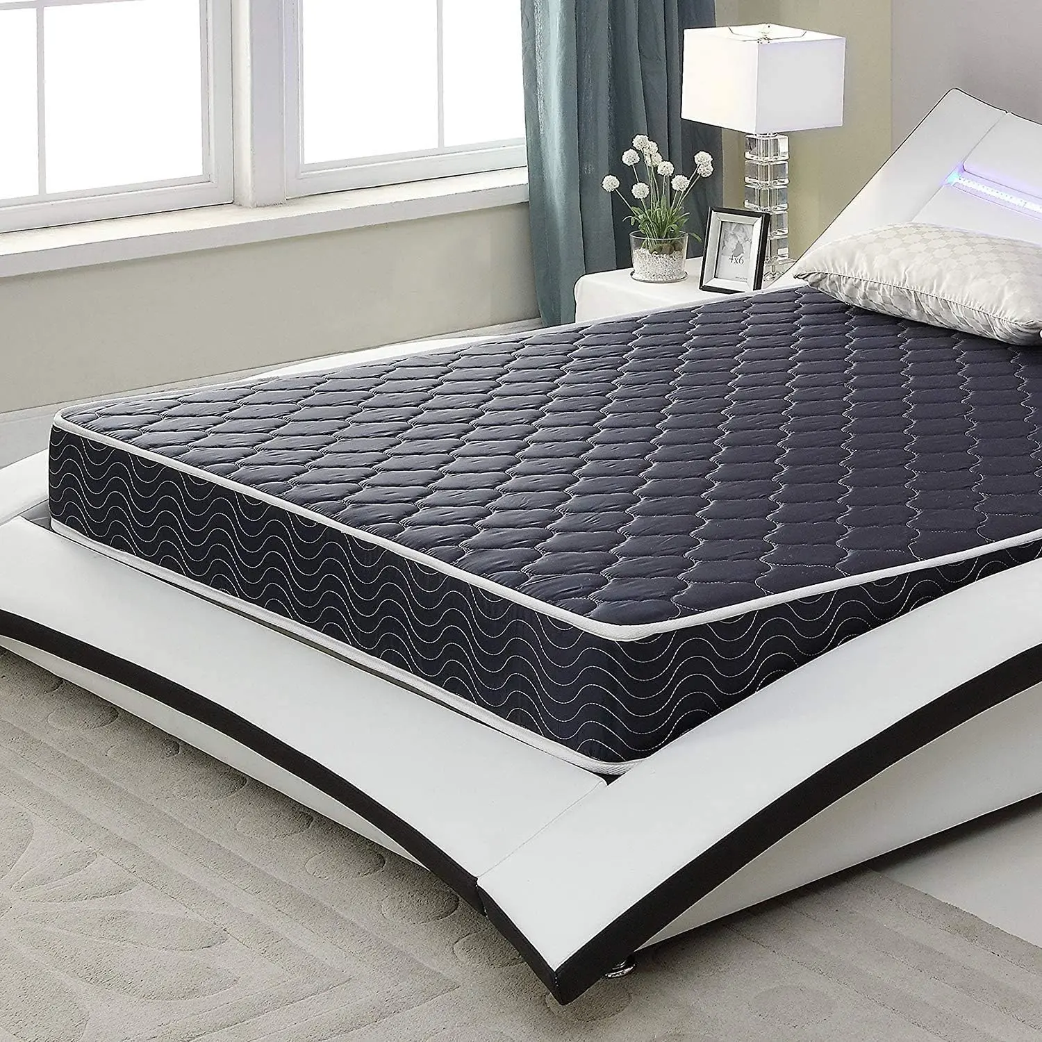 XUAN Double Twin Size 6-in Waterproof High-Density Foam Mattress - Navy Blue Diamond-Quilting Fabric, Breathable Cover, Neck Support, Anti-Bacterial, Compressed Packaging, Airflow Mattress