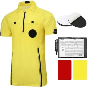 Short Sleeve Pro Soccer Referee Shirt Jersey Uniform Costume Set with Badge Holder, Referee Wallet, Red & Yellow Cards