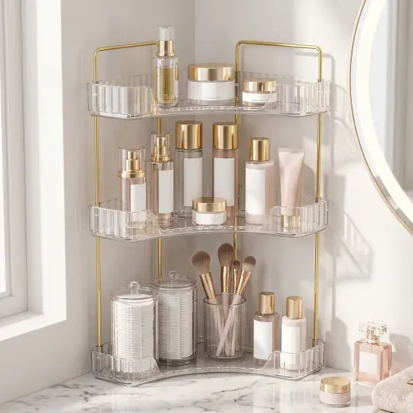 3 Layer Transparent Corner Storage Rack, Bathroom Countertop Multi-Tier Organizer, Cosmetic & Skincare Display Holder, Practical Space Saving Shelf for Vanity Table, Bathroom Counter and Home Pantry Stackable Clear Acrylic dust proof dresser box