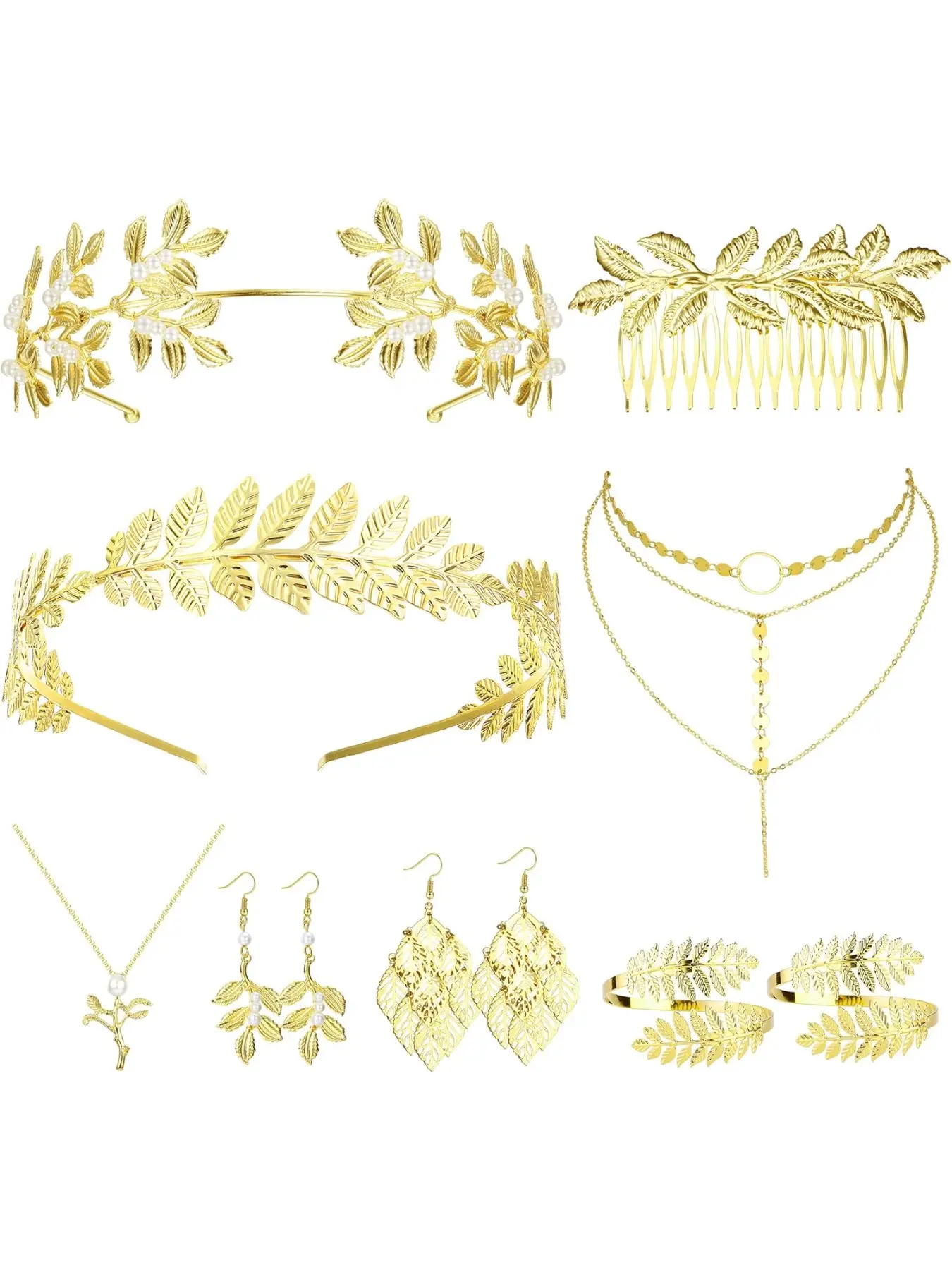 Greek Goddess Costume Accessories Jewelry Set For Women Leaf Arm Cuff Goddess Crown Headband Pearl Dangle Earring Necklace Hair Pin Belt Chain Adjustable Bridal Wedding Halloween