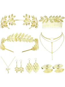 Greek Goddess Costume Accessories Jewelry Set For Women Leaf Arm Cuff Goddess Crown Headband Pearl Dangle Earring Necklace Hair Pin Belt Chain Adjustable Bridal Wedding Halloween
