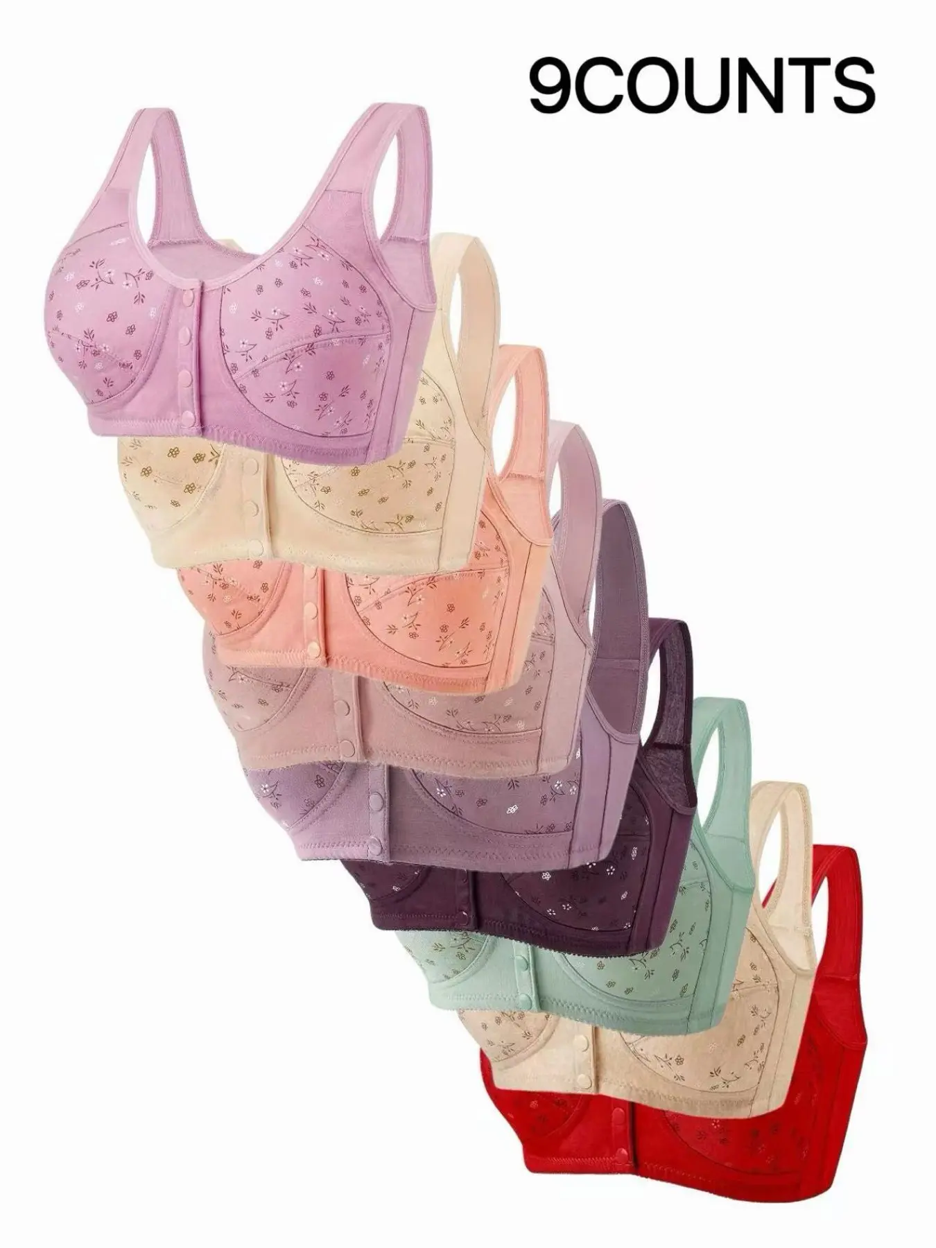 9-Pack Floral Push-Up Bras, Wireless Full Coverage, Comfortable Breathable Fit, Front Buckle Design, Elegant Chic Elderly Friendly, All Seasons