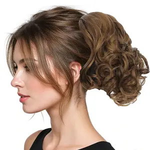 Ponytail Extension 9" Short Deep Curly Clip-in Ponytail Light Brown Synthetic Hairpiece Ultra Lightweight 60g with 3x3inch Elastic Base for Women Deep Wave Texture curly hair bun extension hair  bundles