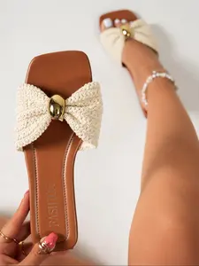 Bohemian Style Sandals, Mesh Knit Floral Pattern, Square Toe, Comfortable Summer Slippers, Women's Beach Shoes, Casual Outdoor Wear