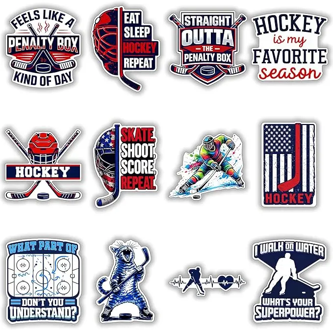 12PCS Ice Hockey Stickers for Boys Kids, Waterproof Vinyl Hockey Stickers for Water Bottles, Helmets, Laptop, Scrapbooking