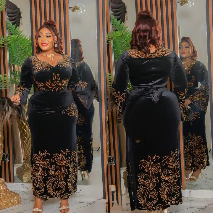 Elegant Black Embellished Wrap Maxi Dress with Rhinestones for Mother of The Bride African Wedding Guest Engagement Ceremony Iro Buba Hand Cut Floral Rhinestone Accents, Birthday Cocktail Dinner Turkey Party Formal Evening Dresses for Women