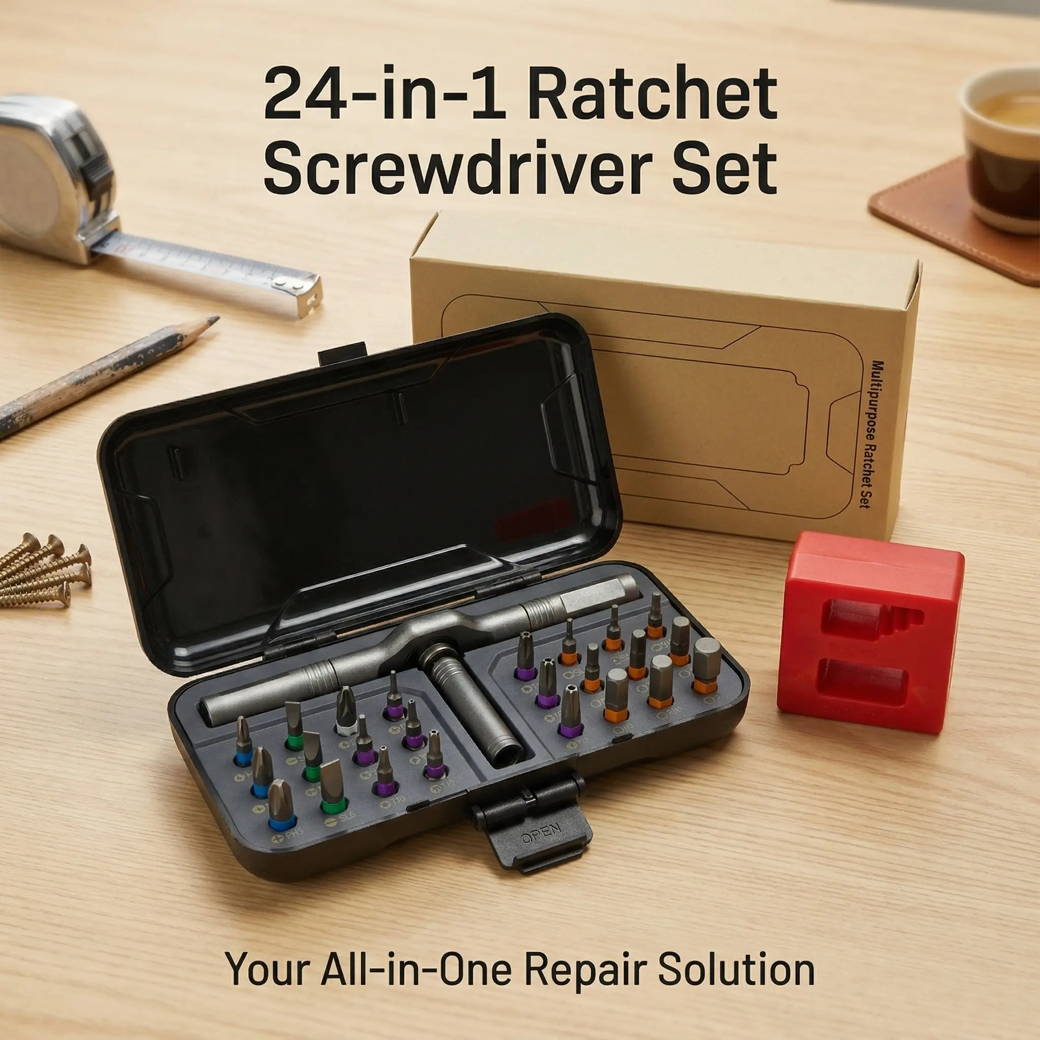 24-in-1 Labor-Saving Bidirectional Ratchet Multipurpose Screwdriver Kit, with Magnetizer-Demagnetizer, Shockproof Storage Case for Electronics, Furniture DIY