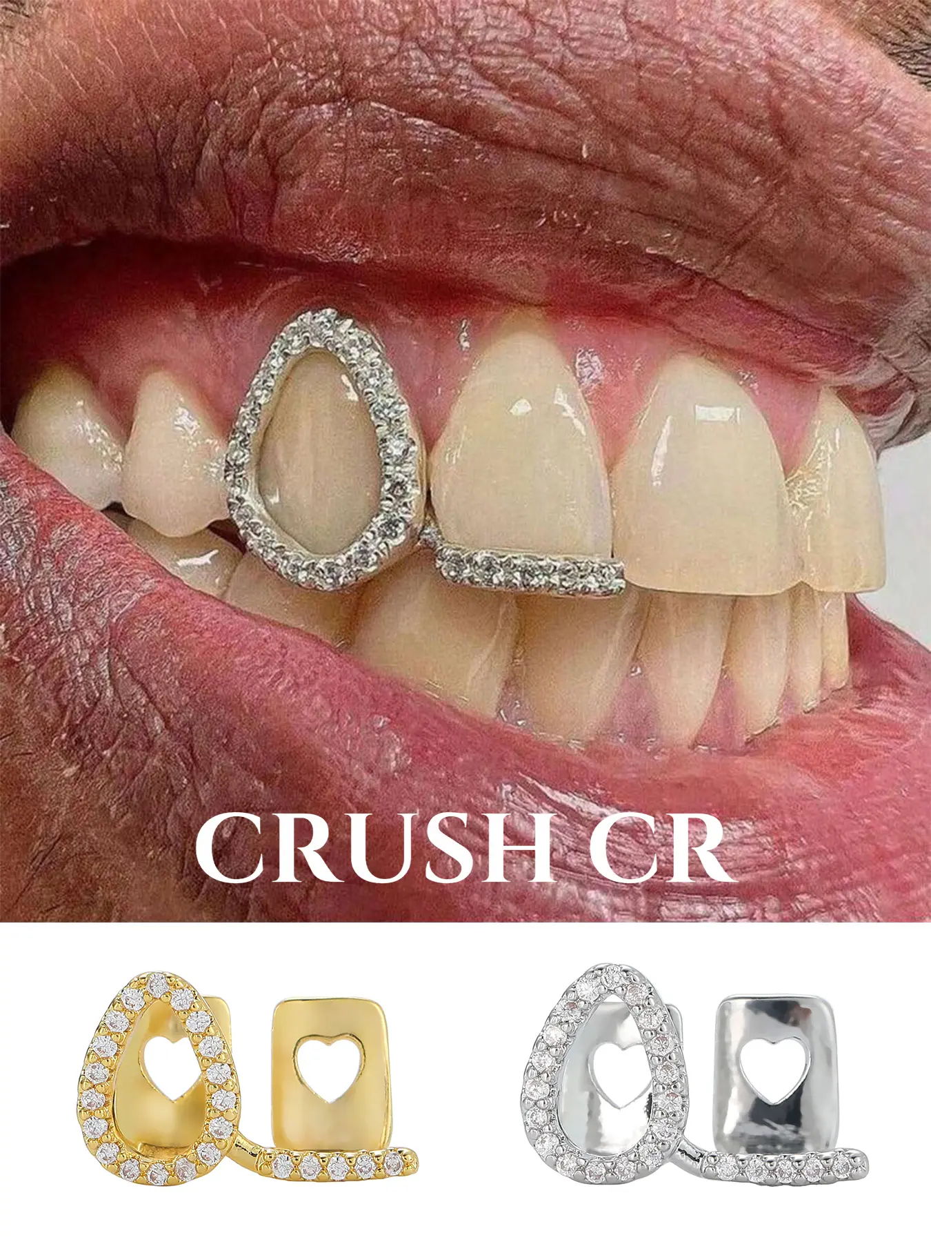 CRUSH CR 1pc 14K Gold Plated Teardrop Grillz, Teeth Accessory with Cubic Zirconia, Hollow Heart Design, Statement Hip-Hop Tooth Jewelry, Tooth Gems for Black Women, Girls, Men, Sparkling CZ Accents, Style, Perfect for Parties, Halloween