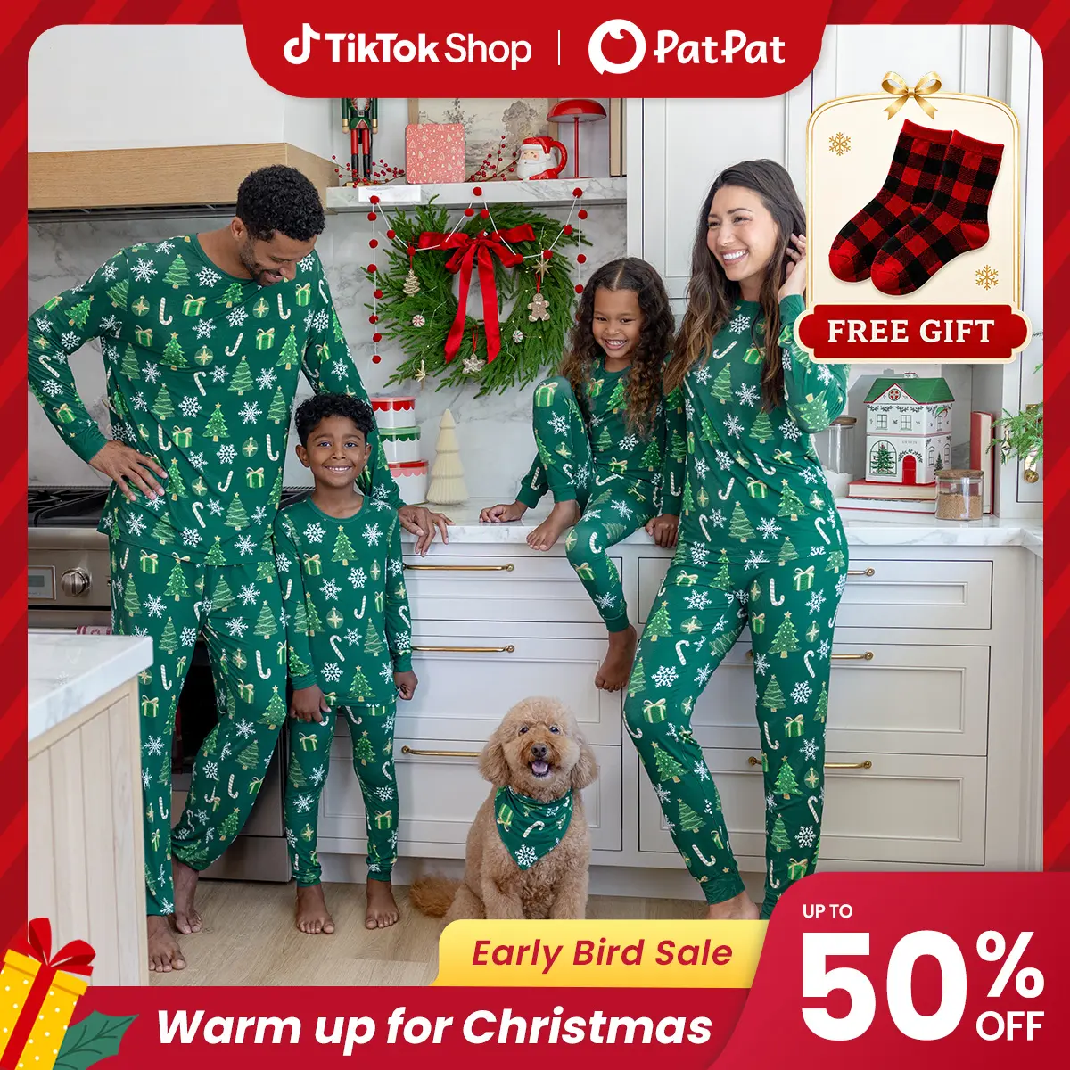 Early Bird | PatPat Mommy & Me Family Matching Christmas Pajamas with Socks Gift, Ribbed Cuffs Christmas Tree, Gift & Snowflake Print Elastic Waist Set