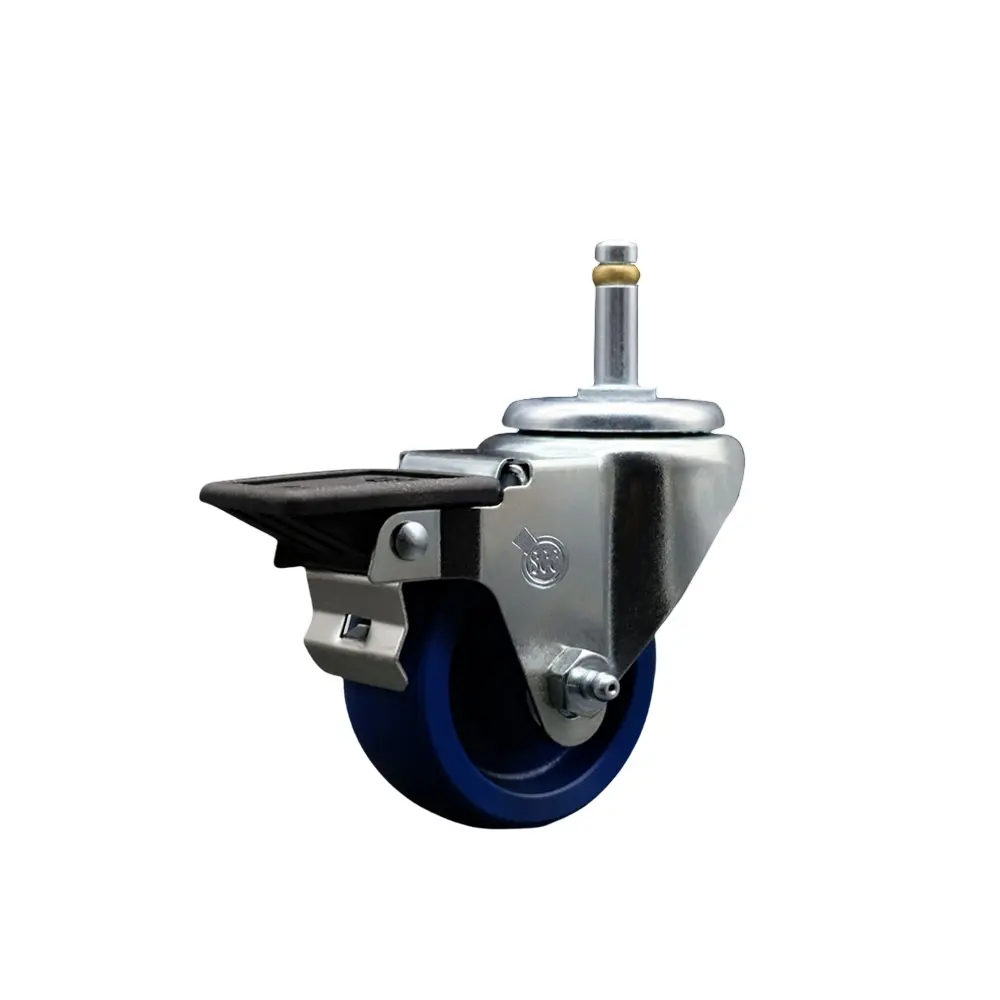 212 MAIN Solid Polyurethane Swivel Caster - Furniture Moving Lockable Wheel, 3 in x 1.25 in Blue Wheel, 0.43 in Swivel Grip Ring Stem, Posi Locking Brake (SCC-GR20S314-SPUS-PLB-716138), Furniture Moving Wheel, Lockable Wheels