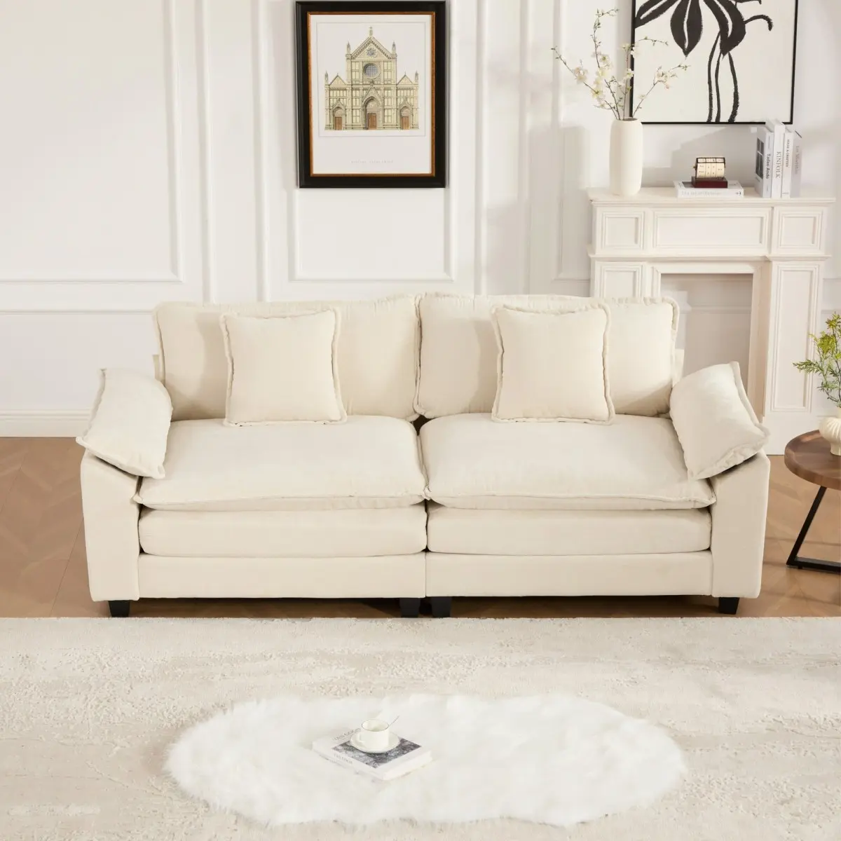81.9" Chenille Fluffy Upholstered Sectional Loveseat Sofa, 2-Seater Large Deep Seat Wide Armrests Modern Couch for Living Room, Modular Chenille Fabric Indoor Furniture Set, Beige