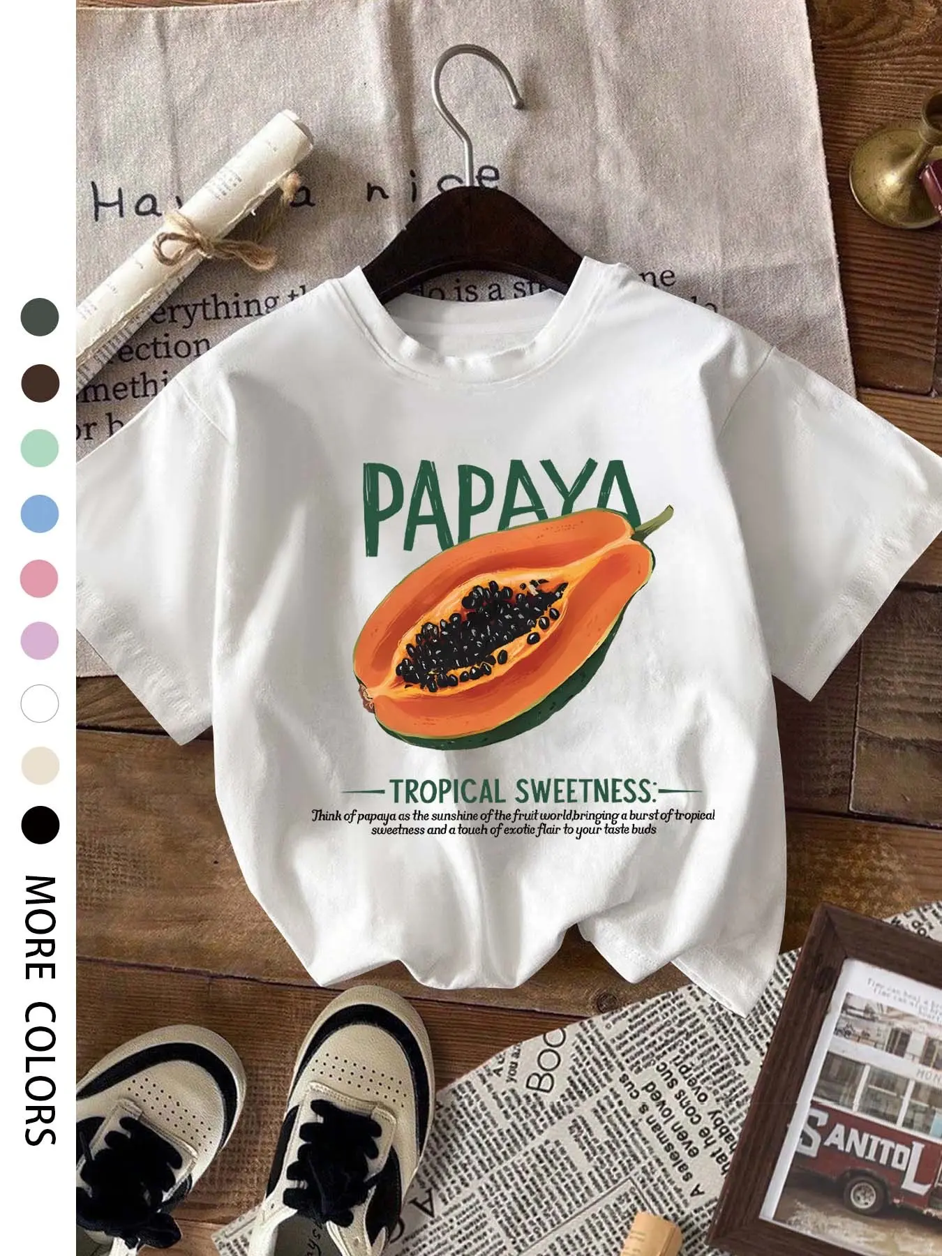 Women's Round Neck Short Sleeve T-Shirt, Papaya Graphic Print, Casual Wear, Casual Comfy Tee, Womenswear, Lady, Soft Breathable Fabric Tshirt, Perfect Summer Fashion Top