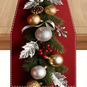 1pc  Flat Print Luxurious Style Christmas Table Runner with Exquisite Red Base and Golden/Silver Decorative Balls Patterns for Home and Party Decorations