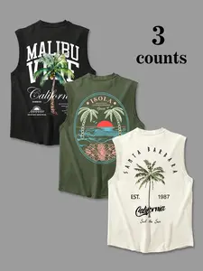 Men's California Coast Graphic Tank Top 3 Pack - Malibu Sunset Palm Tree Sleeveless Shirts, Breathable Summer Surf Style Muscle Tees for Beach, Travel & Casual Wear
