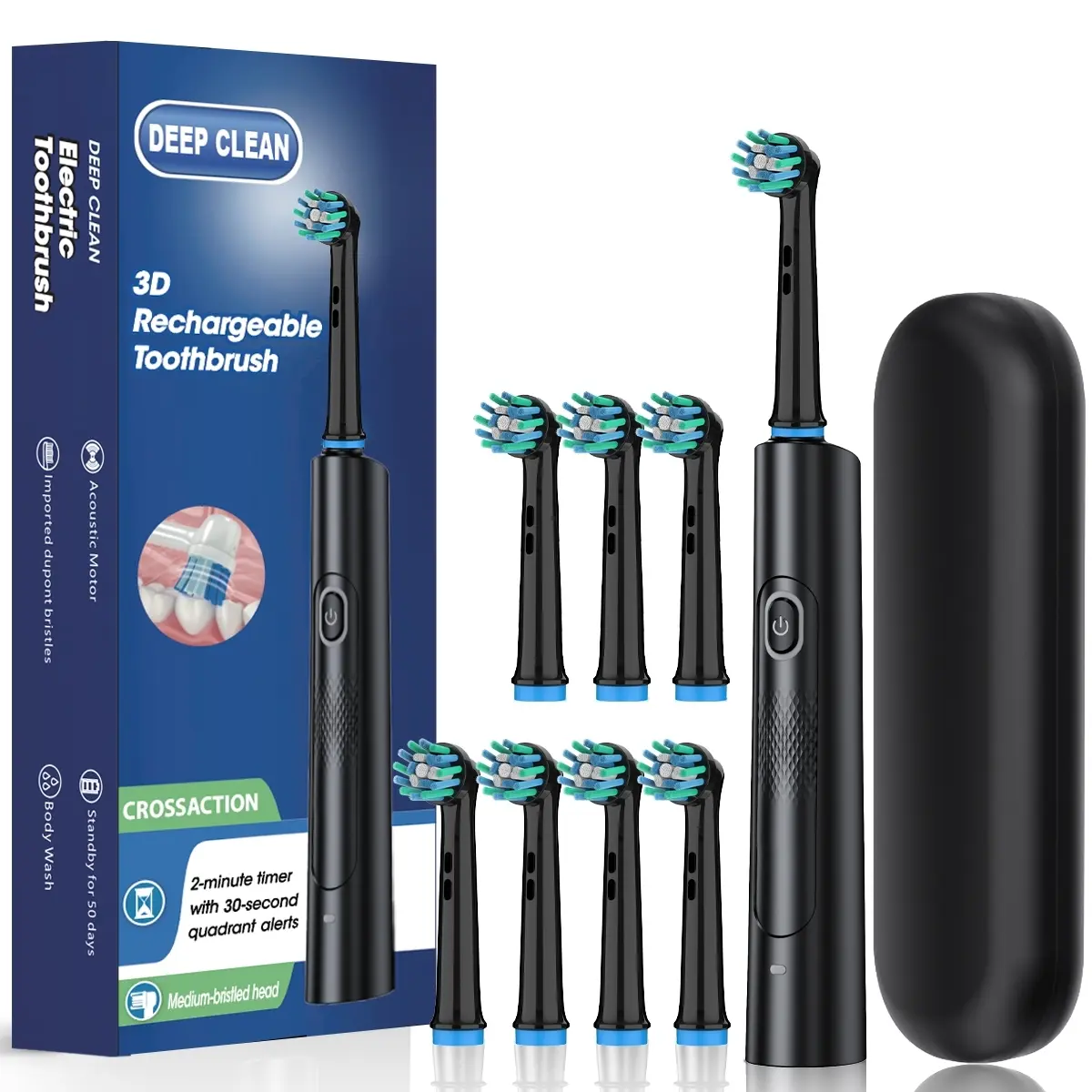 Electric Toothbrush, 1 Box Rechargeable Rotating Electric Toothbrush with 8 Counts Brush Head & Travel Case, Oral Care Product for Adults, Rechargeable Electronic Toothbrushes, Toothbrush Battery Operated, Battery Powered Toothbrush