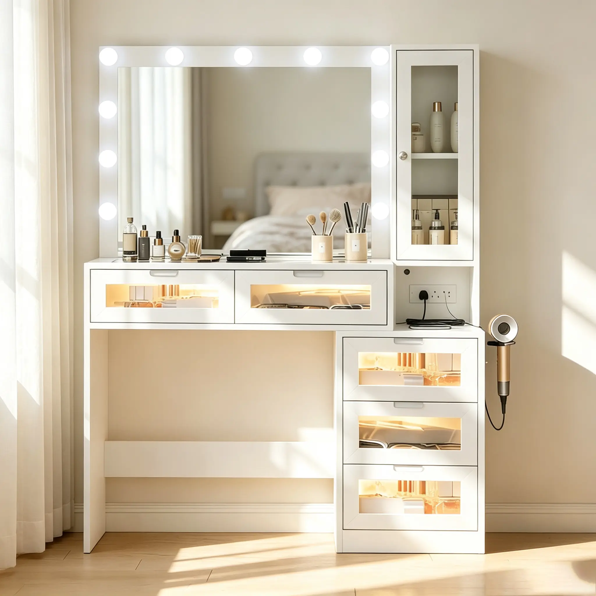 Makeup Vanity Desk with Mirror and Lights, 43.5" Makeup Vanity with Lights & Charging Station, Dressing Table Vanity Set for Bedroom, White Vanity Table with 5 Drawers and 1 Cabinet modern corner large storage led-lit