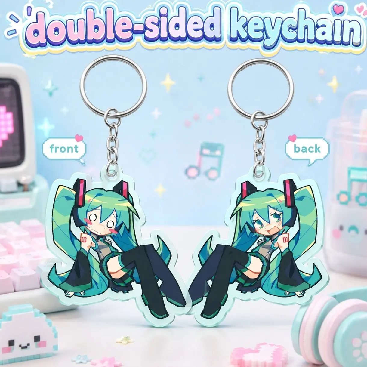 Teal Twin-Tail Anime Girl Double-Sided Acrylic Keychain, Kawaii Virtual Singer Bag Charm for Backpack, Purse and Keys