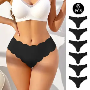 Hotcom Women's Pure Black Scalloped Edge High-Cut Seamless Panties - 4/6/8Pcs Smooth, Soft, Breathable Fabric, Plus Size, Basic Style, Elegant Lady's Shorts for Summer Everyday Wear