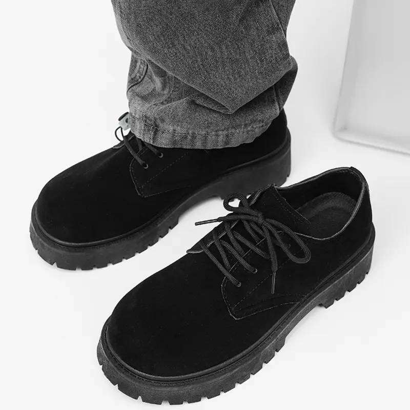 Unisex All-Black Suede Platform Work Shoes: Retro Suede Texture, Height Boost, Lugged Anti-Slip Sole. For Streetwear/Trendy Styling