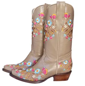 Beige Embroidered Flowers Snip Toe Women's Boots
