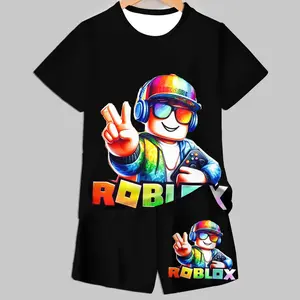 Boys' Roblox Rainbow Trendy Short Sleeve Two-Piece Set, Clothes Kids, Hip-Hop Style, Asymmetrical Design, Casual Fitted Tee and Shorts, Natural Waist