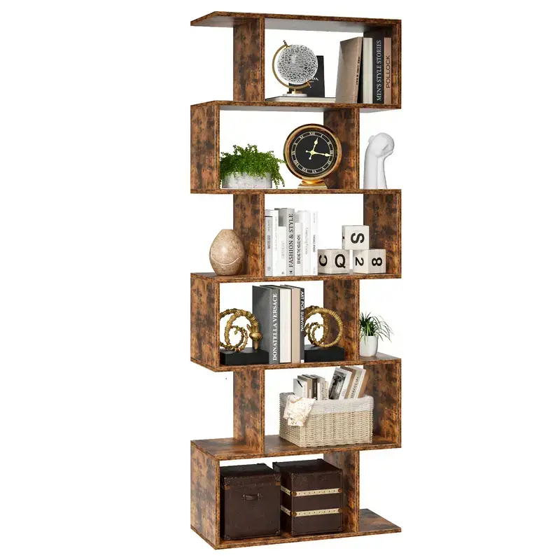 6-Tier S-Shaped Tall Shelf – 62.6 Inch Geometric Display Bookcase, Modern Storage Rack with 30 lbs Capacity per Shelf, Room Divider for Hallway Living Room Office