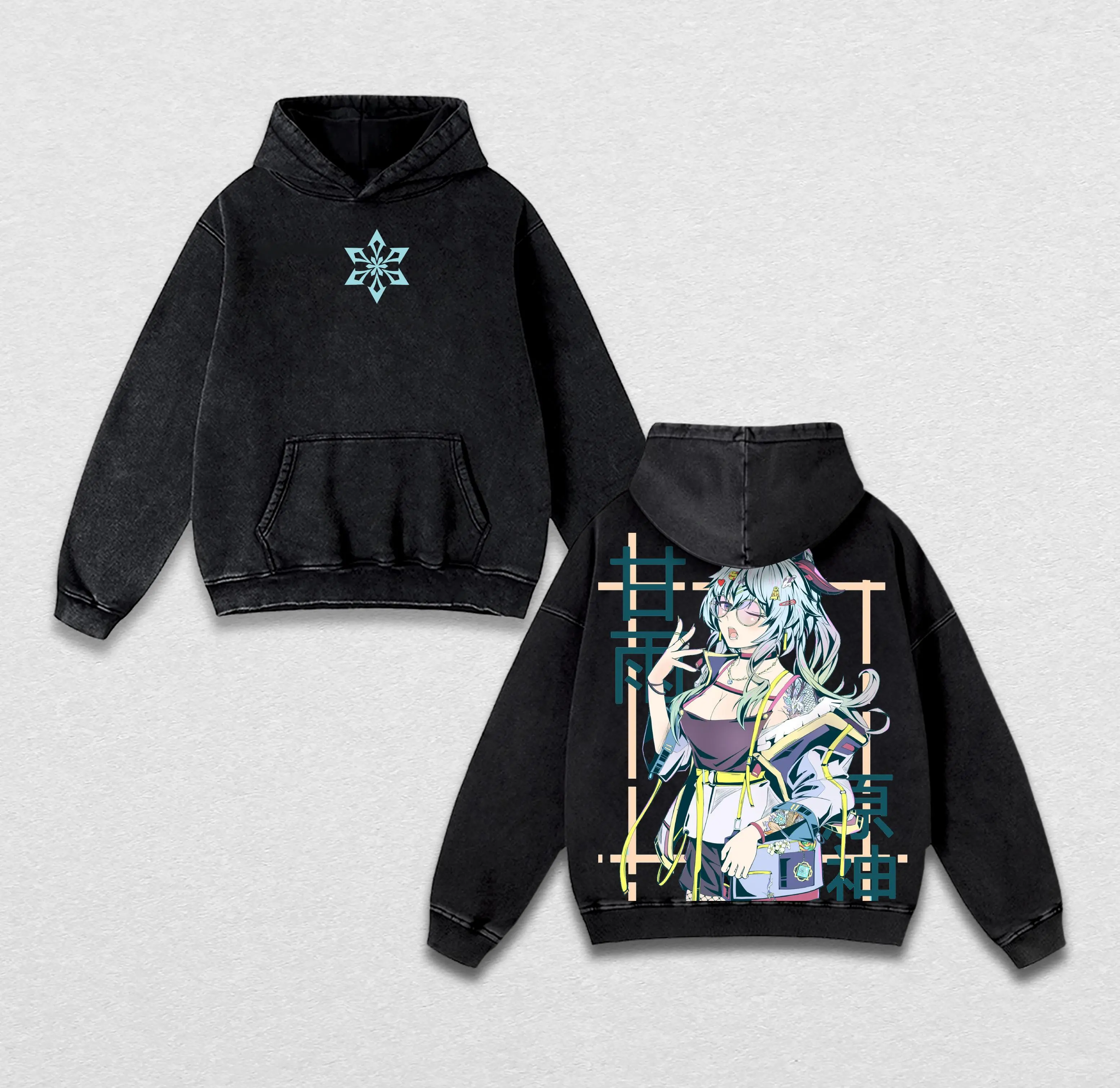 Ganyu Genshin Impact Washed Hoodie & T-Shirt – Vintage Oversized Cryo Element Pop Art Anime Graphic Pullover & Tee, Heavyweight Cotton Streetwear Unisex Top, Retro Manga Gift for Fans
