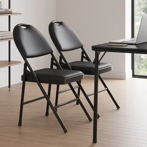 2 Pack Padded Folding Chairs, Pu Leather Upholstered Foldable Chairs Set, Soft Cushioned Chairs with Metal Frame, Portable High Back Chairs for Office, Party, Dining Room, Black