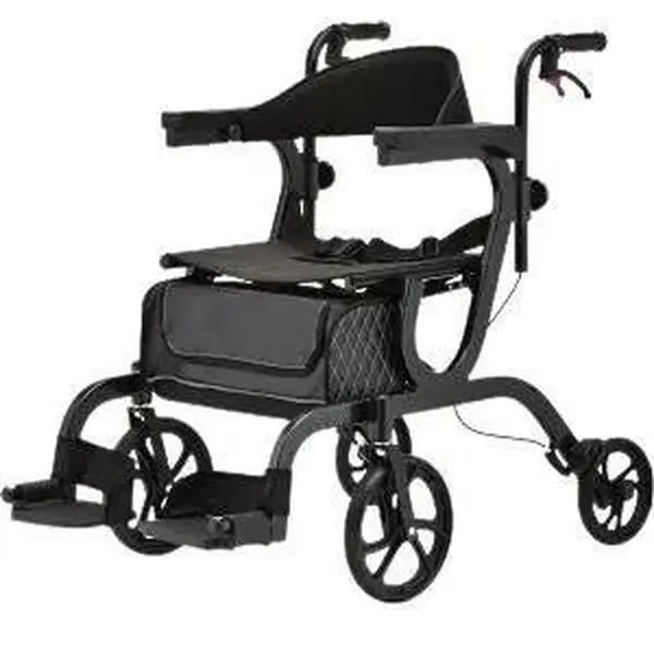 GEMINI 2 IN 1 ROLLATOR TRANSPORT CHAIR BLACK - Versatile Design for Various Uses Healthcare Tool Transport Chair Equipment Wheelchair Light Weight Hand Brakes