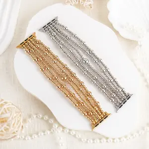Elegant Five-Row Beaded Apple Watch Band, Compatible with 38/40/41/42/44/45/46/49mm, Adjustable Length, Perfect Gift for Family and Friends