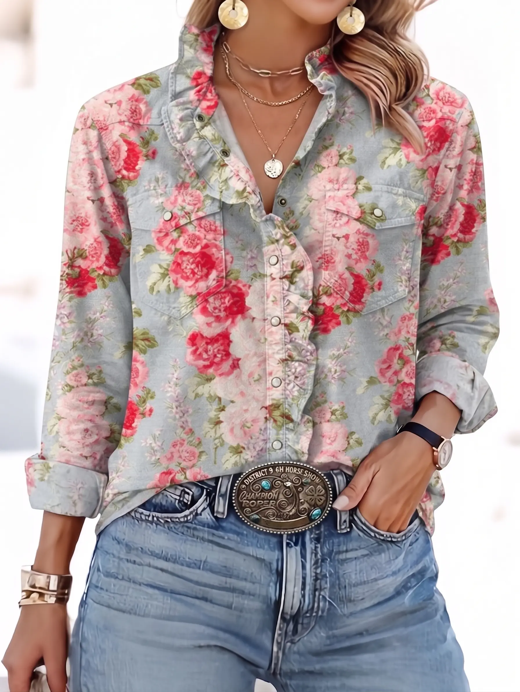 Chic Petal Vintage Floral Western Cowgirl Shirt Breathable Textured Crepe Ruffle Button Down Boho Blouse